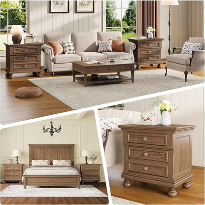 AMERLIFE Fully Assembled Nightstand, Solid Wood End Table with 2 Storage Drawers, 26" Extra Large Traditional Bedside Cabinet for Bedroom, Light Brown