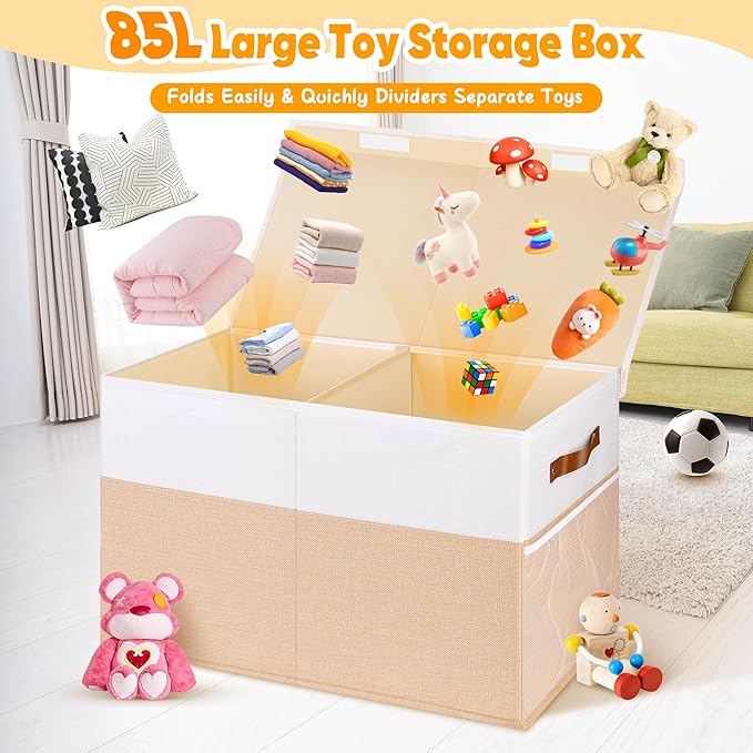 Large Toy Box, Collapsible Sturdy Storage Chest With Lids, Kids Toy Chest Storage Organizer Toddler Bin Boxes for Living Room, Bedroom, Nursery, 25"x13"x16", Beige & White