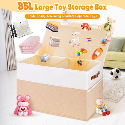 Large Toy Box, Collapsible Sturdy Storage Chest With Lids, Kids Toy Chest Storage Organizer Toddler Bin Boxes for Living Room, Bedroom, Nursery, 25"x13"x16", Beige & White