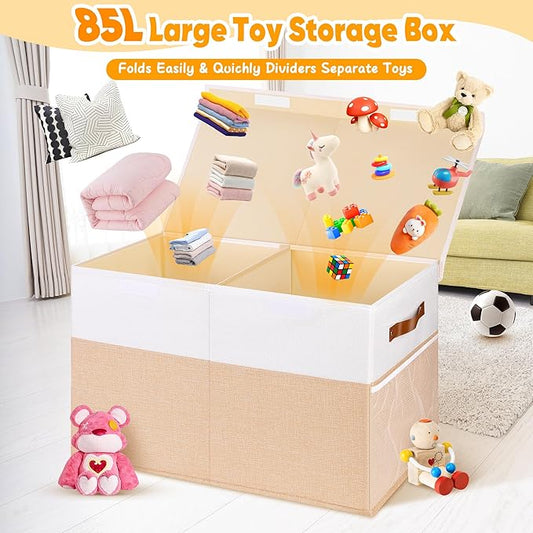 Large Toy Box, Collapsible Sturdy Storage Chest With Lids, Kids Toy Chest Storage Organizer Toddler Bin Boxes for Living Room, Bedroom, Nursery, 25"x13"x16", Beige & White