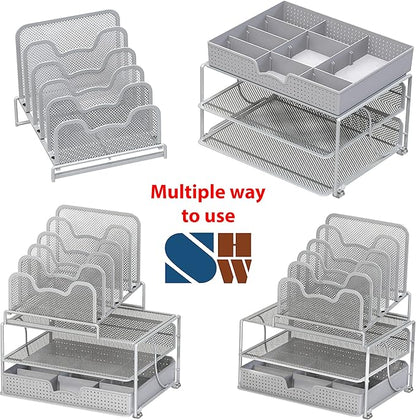 Simple Houseware Mesh Desk Organizer with Sliding Drawer, Double Tray and 5 Stacking Sorter Sections, Silver