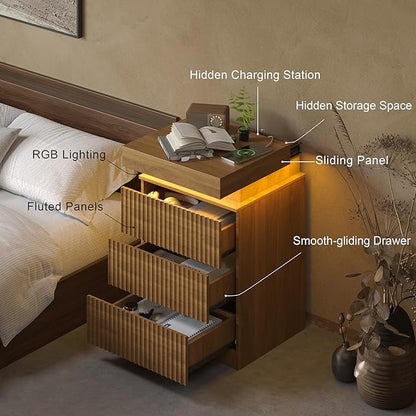 BOXACTION Nightstand Set of 2 for Bedroom, LED Nightstand with 3 Drawers and Charging Station, Mid Century Modern Fluted Nightstands, Bedside Tables & End Tables, Walnut