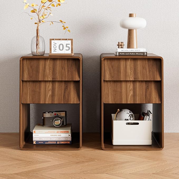 Small Nightstand Set of 2, Wood Bedside Table, Mid Century Modern Night Stand with Slanted 2 Drawers, Wooden Bed Side Table with Storage, Walnut End Table for Bedroom, Boho, Vintage
