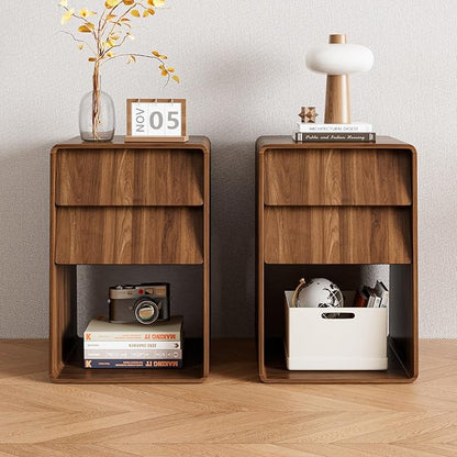 Small Nightstand Set of 2, Wood Bedside Table, Mid Century Modern Night Stand with Slanted 2 Drawers, Wooden Bed Side Table with Storage, Walnut End Table for Bedroom, Boho, Vintage