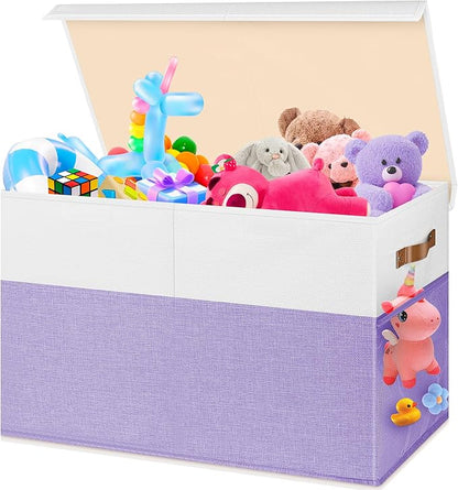 Large Toy Box, Collapsible Sturdy Storage Chest With Lids, Kids Toy Chest Storage Organizer Toddler Bin Boxes for Living Room, Bedroom, Nursery, 25"x13"x16", Purple & White