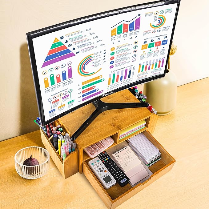 Hiceeden 2 Tier Bamboo Desktop Organizer, Desk Monitor Stand Riser with 1 Drawer and 2 Pen Holder, 2 Compartment Computer Desk Storage Organizer for Laptop, Printer