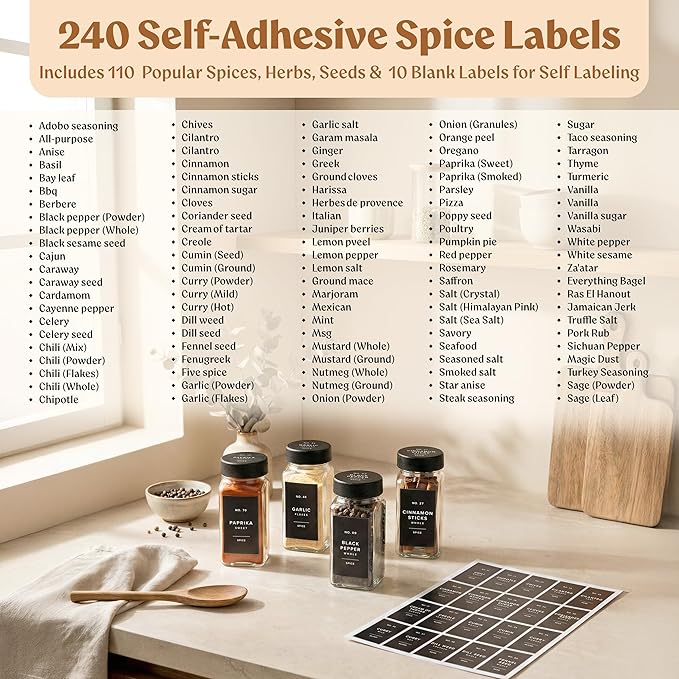 Glass Spice Jars with Labels (24 x 4oz) Spice Containers with 240 Labels, Shaker Inserts, Funnel, Empty Square Empty Square Seasoning Organizer (Black Lids)
