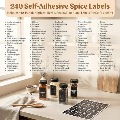 Glass Spice Jars with Labels (24 x 4oz) Spice Containers with 240 Labels, Shaker Inserts, Funnel, Empty Square Empty Square Seasoning Organizer (Black Lids)