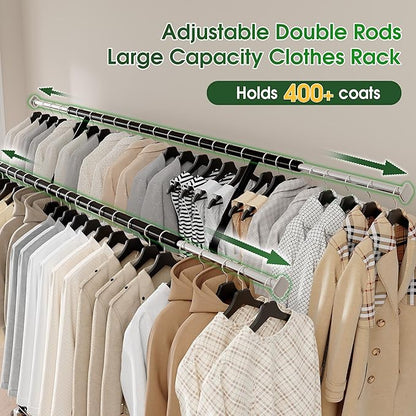 Raybee Heavy Duty Clothes Rack 630LBS, Double Rods Clothing Rack with Storage Basket, Portable Garment Rack for Heavy Clothes, Extendable & Adjustable, Bedroom, Closet, Commercial, Black