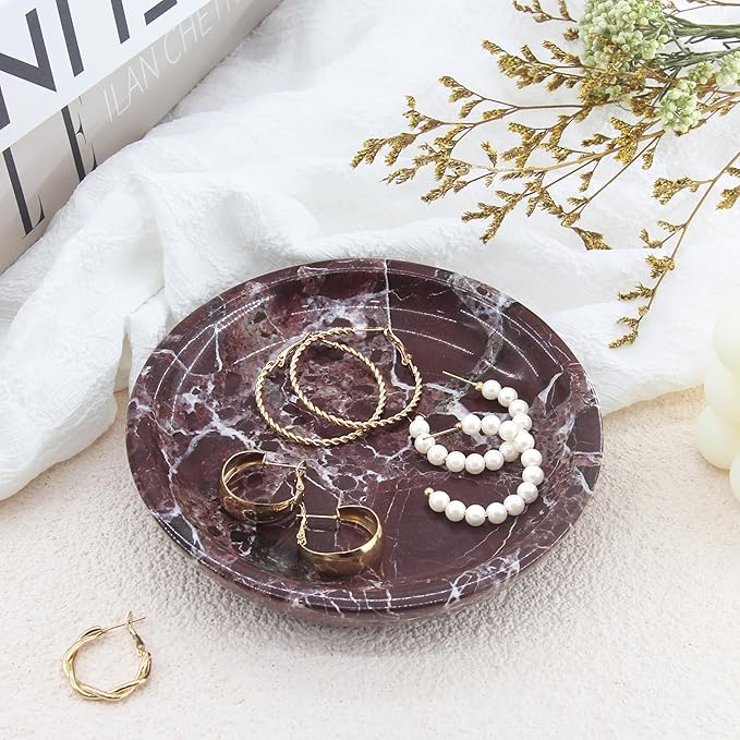 Small Natural Marble Jewelry Tray Key Plate Holder Dish Trinket Decor Catch All Bowl for Ring Earring Stone Gift for Women Daugther,Rosso Levanto