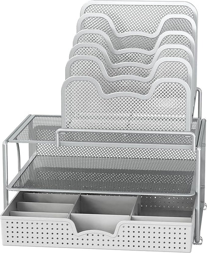 Simple Houseware Mesh Desk Organizer with Sliding Drawer, Double Tray and 5 Stacking Sorter Sections, Silver