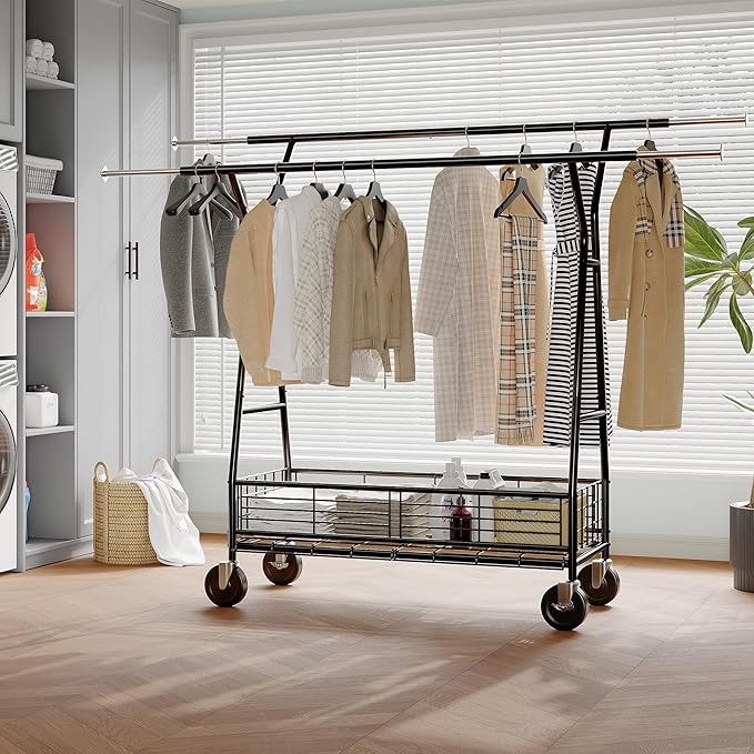 Raybee Heavy Duty Clothes Rack 630LBS, Double Rods Clothing Rack with Storage Basket, Portable Garment Rack for Heavy Clothes, Extendable & Adjustable, Bedroom, Closet, Commercial, Black