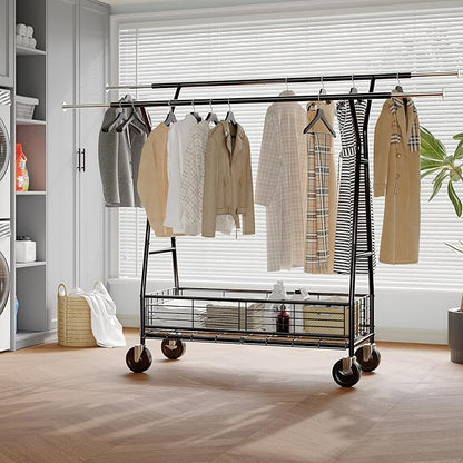 Raybee Heavy Duty Clothes Rack 630LBS, Double Rods Clothing Rack with Storage Basket, Portable Garment Rack for Heavy Clothes, Extendable & Adjustable, Bedroom, Closet, Commercial, Black