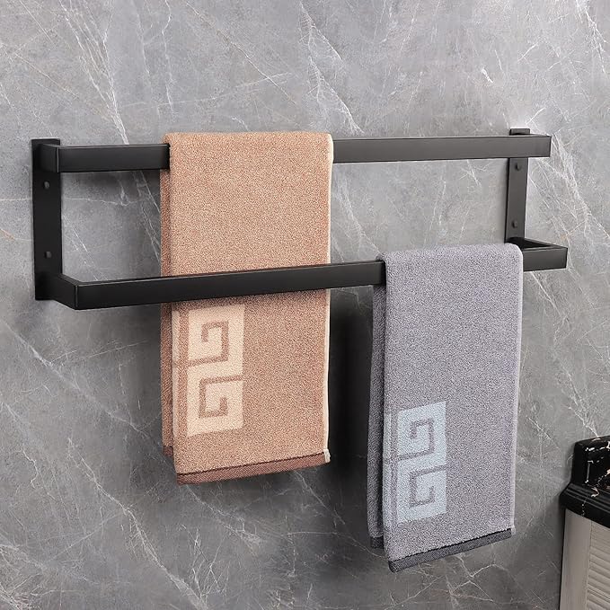 NearMoon Bathroom Towel Bar, Towel Rod Holder, Square Shelf Rack Hanging Towel for Bath, Thicken SUS304 Stainless Steel Towel Rack Wall Mounted-2-Tier Bath Accessories (24 Inch, Matte Black)