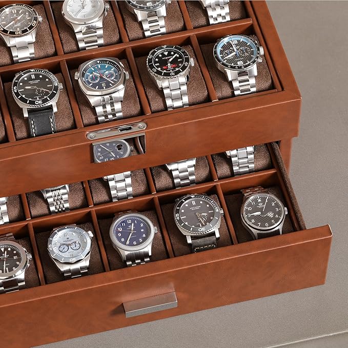 ROTHWELL 20 Slot Leather Watch box - Luxury Case Display Jewelry Organizer, - Locking Display Case Holder with Large Real Glass Top - Watch Box Organizer for Men and Women (Tan/Brown)
