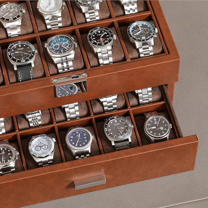 ROTHWELL 20 Slot Leather Watch box - Luxury Case Display Jewelry Organizer, - Locking Display Case Holder with Large Real Glass Top - Watch Box Organizer for Men and Women (Tan/Brown)
