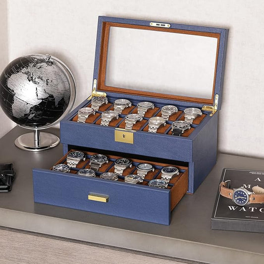 ROTHWELL 20 Slot Leather Watch box - Luxury Case Display Jewelry Organizer, - Locking Display Case Holder with Large Real Glass Top - Watch Box Organizer for Men and Women (Blue/Tan)