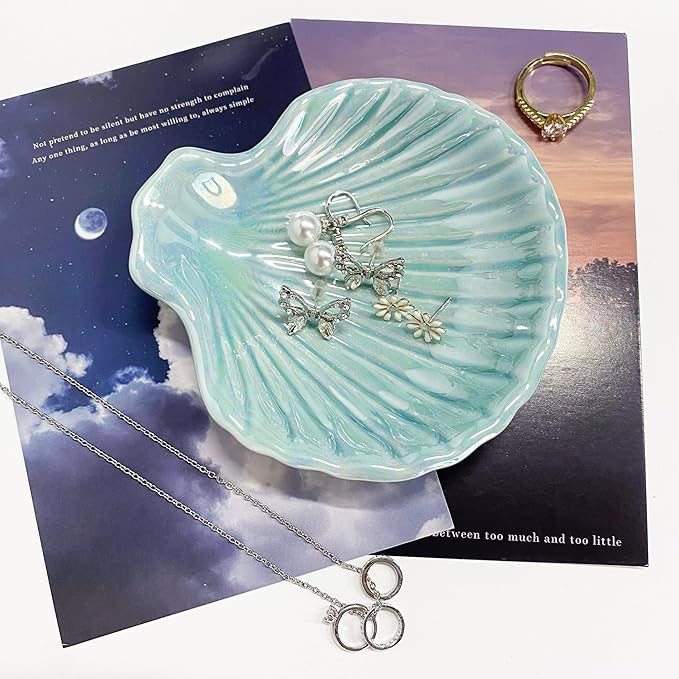 GO2HEJING Ring Dish Shell Shape Ceramic Jewelry Dish Tray, Decorative Trinket Dish Organizing Rings Earrings Necklaces Keys for Mom Friend Sister, 3.9", Blue Iridescent Surface