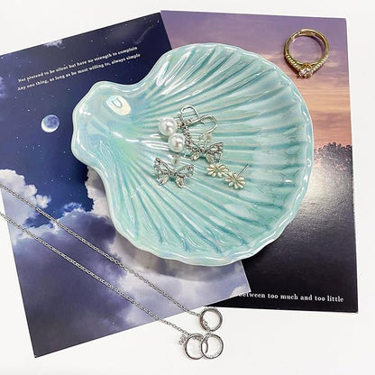 GO2HEJING Ring Dish Shell Shape Ceramic Jewelry Dish Tray, Decorative Trinket Dish Organizing Rings Earrings Necklaces Keys for Mom Friend Sister, 3.9", Blue Iridescent Surface