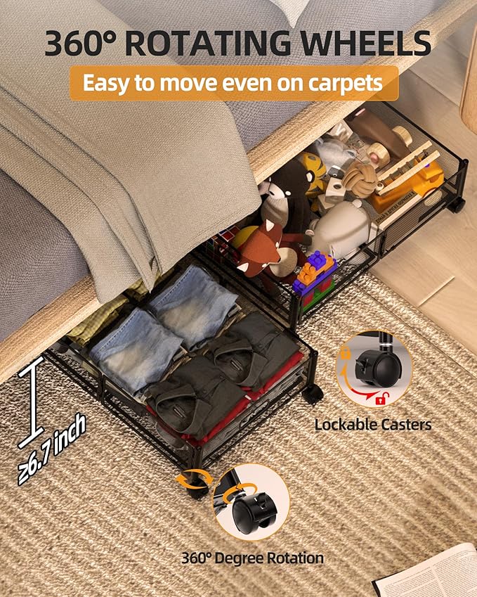 YEEBONIX Under Bed Organizer, Storage Bins Under Bed, 60L Underbed Storage Bins for Bedroom Clothes Shoes Blankets (Black, 2 Pack)