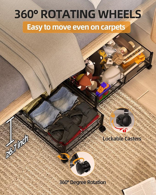 YEEBONIX Under Bed Organizer, Storage Bins Under Bed, 60L Underbed Storage Bins for Bedroom Clothes Shoes Blankets (Black, 2 Pack)