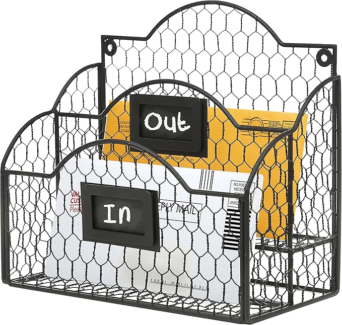 MyGift Metal Wire Basket Desk Organizer, 2 Compartment Inbox/Outbox Black Entryway Wall Mail Sorter, Office Desktop Stationery File Organizer Holder with Chalkboard Labels