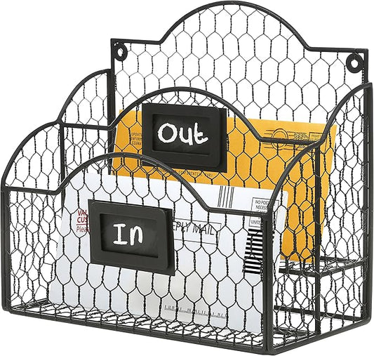 MyGift Metal Wire Basket Desk Organizer, 2 Compartment Inbox/Outbox Black Entryway Wall Mail Sorter, Office Desktop Stationery File Organizer Holder with Chalkboard Labels