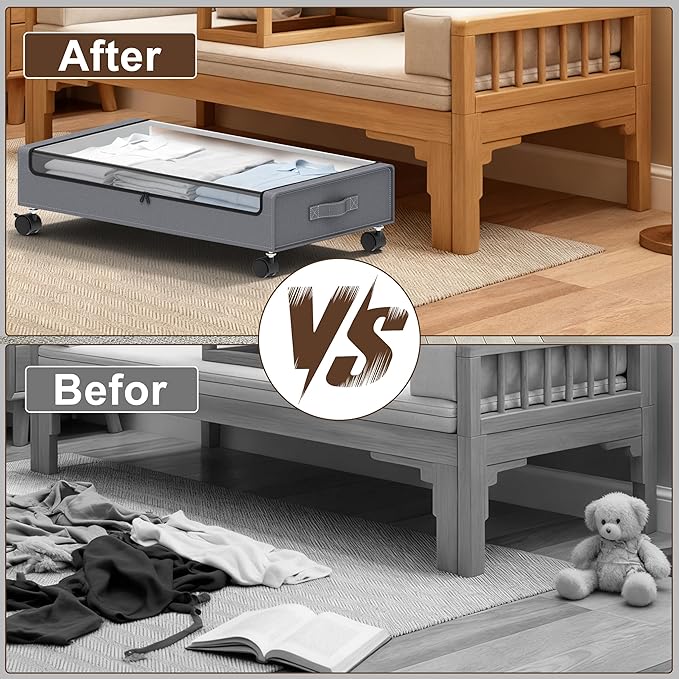 VXEAPADE Under Bed Storage with Wheels - 2Pack Underbed Storage Containers with Clear Lid & Label, Under The Bed Rolling Storage Bins for Shoes, Clothes, Blankets, Books (Grey, Large)