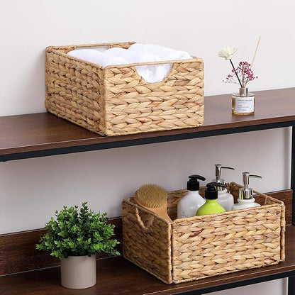 Water Hyacinth Pantry Baskets Set of 4, 12.5 x 9.5 x 6in Wicker Storage Baskets for Shelves, Pantry Baskets Organization, Bathroom Shelves Storage Basket