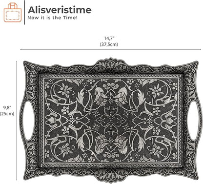 Alisveristime Ottoman Turkish Zamak Serving Tray with Traditional Motifs, Ideal for Coffee and Tea - Six Person Tray (14.5 x 9.85 in) (Black)