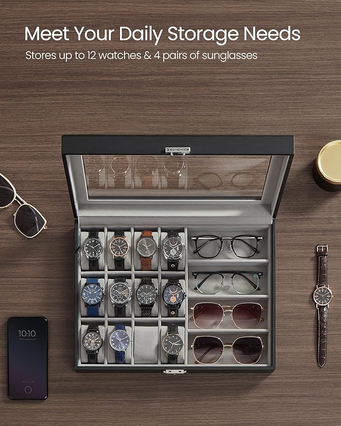 SONGMICS 16-Slot Watch Box, Lockable Storage Case With Glass Lid, Gift Idea, Ink Black Synthetic Leather, Dove Gray Lining UJWB112G01