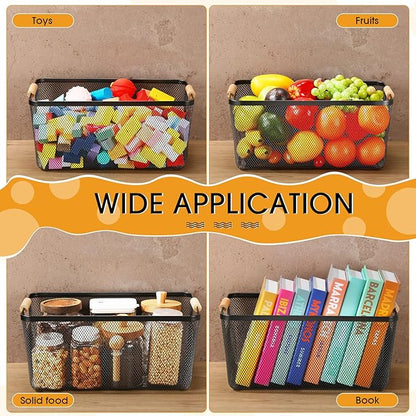 4 Pcs Metal Wire Basket with Wooden Handles Mesh Steel Storage Organizer Bin Containers for Home Cabinet Pantry Closet Kitchen Fridge Fruit Makeup Snacks Gifts (Extra Large,Black)