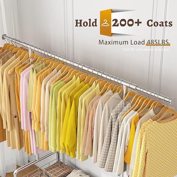 Raybee Heavy Duty Clothes Rack 485 LBS, Rolling Clothing Rack with Storage Basket and Sturdy Wheels, Clothing Racks for Hanging Clothes, Wardrobe Closet Rack for Bedroom, Boutiques, Laundry, Silver