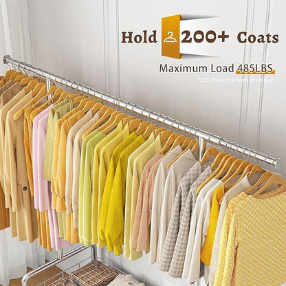 Raybee Heavy Duty Clothes Rack 485 LBS, Rolling Clothing Rack with Storage Basket and Sturdy Wheels, Clothing Racks for Hanging Clothes, Wardrobe Closet Rack for Bedroom, Boutiques, Laundry, Silver