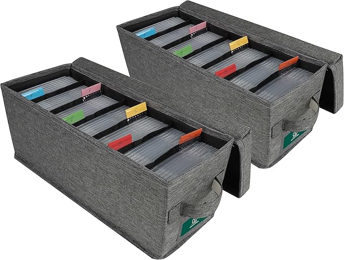 TWAVETREE CD Storage Box with Lid Pack of 2, Practical CD Case Holder Organizer with Index Labels, 14.6 x 5.7 x 6.1 Inches CD Storage Case to Store up to 70 CDs Jewel Cases, and 386 Discs- Grey