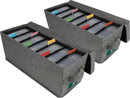 TWAVETREE CD Storage Box with Lid Pack of 2, Practical CD Case Holder Organizer with Index Labels, 14.6 x 5.7 x 6.1 Inches CD Storage Case to Store up to 70 CDs Jewel Cases, and 386 Discs- Grey