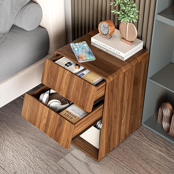 Small Nightstand Set of 2, Wood Bedside Table, Mid Century Modern Night Stand with Slanted 2 Drawers, Wooden Bed Side Table with Storage, Walnut End Table for Bedroom, Boho, Vintage