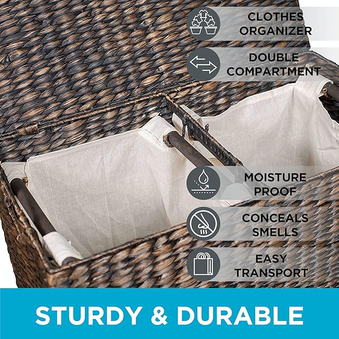 BirdRock Home Water Hyacinth Laundry Hamper Divided Interior (Espresso) | Eco-Friendly | Made of Hand Woven Hyacinth Fibers | Includes Two Removable Cotton Liners Bag | Wicker Laundry Basket with Lid