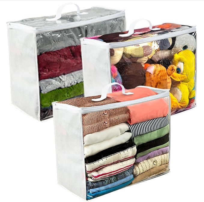 VitalUp 3 pack Clear Plastic Storage Bag with Zipper, Foldable Moving Bag for Comforters, Blankets, Bedding, Storage Containers, Breathable, Durable Clothes and Duvet Closet Organizers, 18x15x9