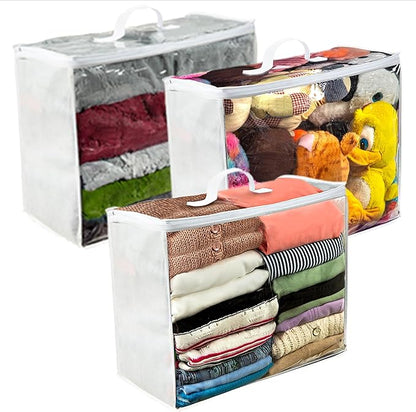 VitalUp 3 pack Clear Plastic Storage Bag with Zipper, Foldable Moving Bag for Comforters, Blankets, Bedding, Storage Containers, Breathable, Durable Clothes and Duvet Closet Organizers, 18x15x9