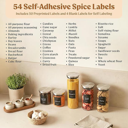Glass Storage Containers with Stainless Steel Lids [Extra Thick Glas] with 54 Labels - Canister For Pantry Noodles Flour Cereal Rice Sugar Tea Coffee Beans - Round Set of 5x