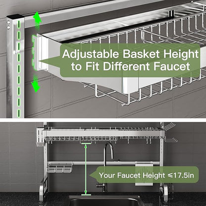 3 Tier Extra Large Stainless Steel Expandable Over The Sink Dish Drainer Drying Rack, Rust Proof Metal, Space Saving, Modern Silver Big Capacity Extendable Plate Strainers Above Kitchen Counter