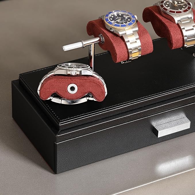 ROTHWELL Luxury Watch Display Case for 4 Watches – Leather Watch Box with Acrylic Cover and Removable Slide in Cushions – Accessory Drawer with Multiple Configurations (Black/Red)
