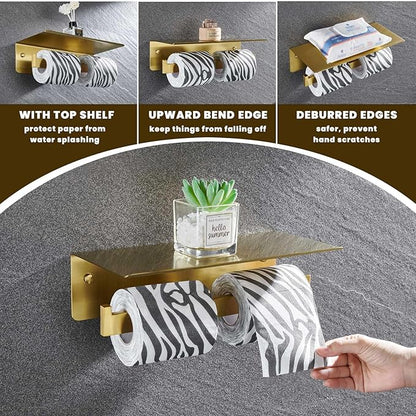Suyar Toilet Paper Holder Brushed Gold, SUS 304 Stainless Steel Bathroom Double Toilet Paper Roll Holder with Shelf, Wall Mounted