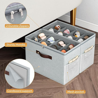 Budding Joy 2 Pack Shoe Organizer for Closet, Clear Foldable Shoe Storage Containers Adjustable Dividers Fits 16 Pairs,Shoe Storage Bins Baskets Boxes with Reinforced Handles Light grey