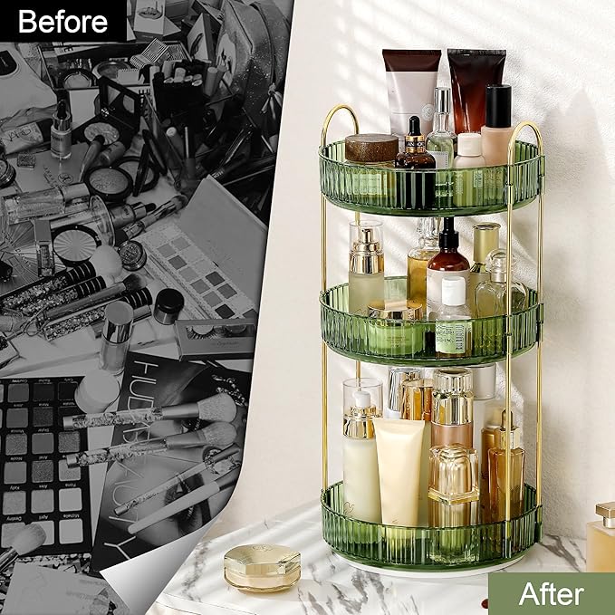 Weidace 360 Rotating Makeup Organizer for Vanity, Bathroom Countertop Spinning Perfume Organizer, High-Capacity Cosmetic and Skincare Dresser Make Up Holder Rack (3 Tiers, Green)