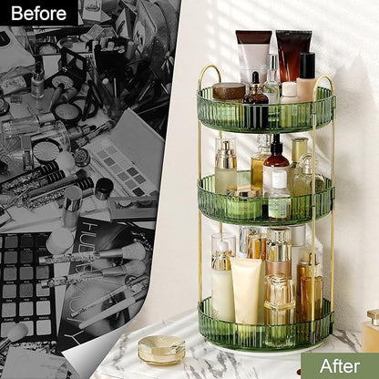 Weidace 360 Rotating Makeup Organizer for Vanity, Bathroom Countertop Spinning Perfume Organizer, High-Capacity Cosmetic and Skincare Dresser Make Up Holder Rack (3 Tiers, Green)
