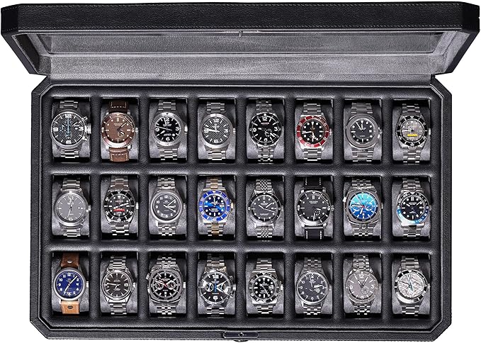 ROTHWELL 24 Slot Watch Case with Lock – Luxury Watch Box to Display and Organize Your Collection | Real Glass Top | Premium Storage for Collectors (Black/Grey)