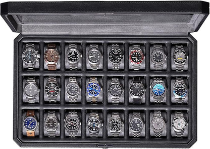 ROTHWELL 24 Slot Watch Case with Lock – Luxury Watch Box to Display and Organize Your Collection | Real Glass Top | Premium Storage for Collectors (Black/Grey)