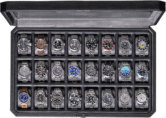 ROTHWELL 24 Slot Watch Case with Lock – Luxury Watch Box to Display and Organize Your Collection | Real Glass Top | Premium Storage for Collectors (Black/Grey)